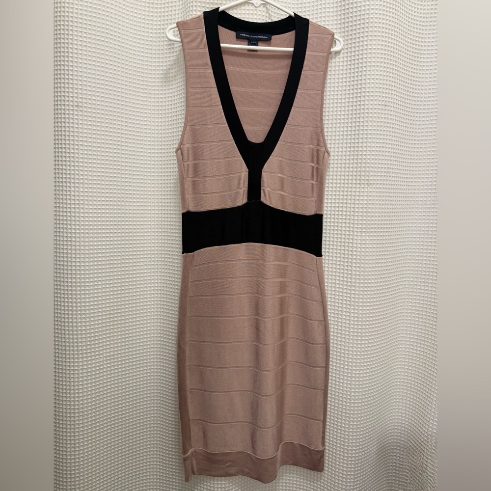 French Connection Blush Pink Bandage Dress with Black Trim - size 12